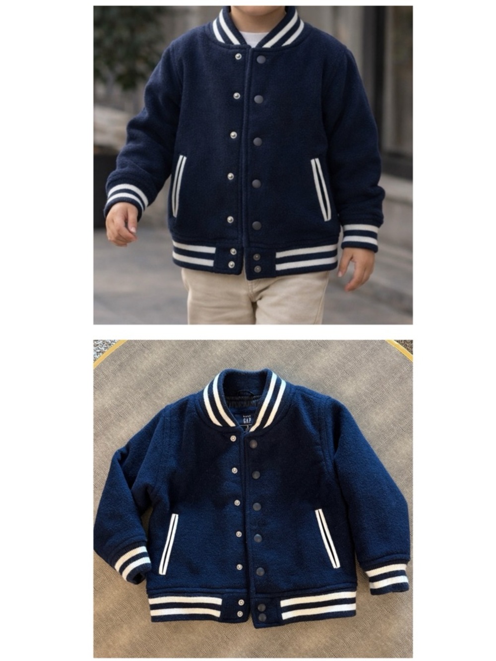 GAP Kids Dark Blue Varsity Jacket with White Stripes
